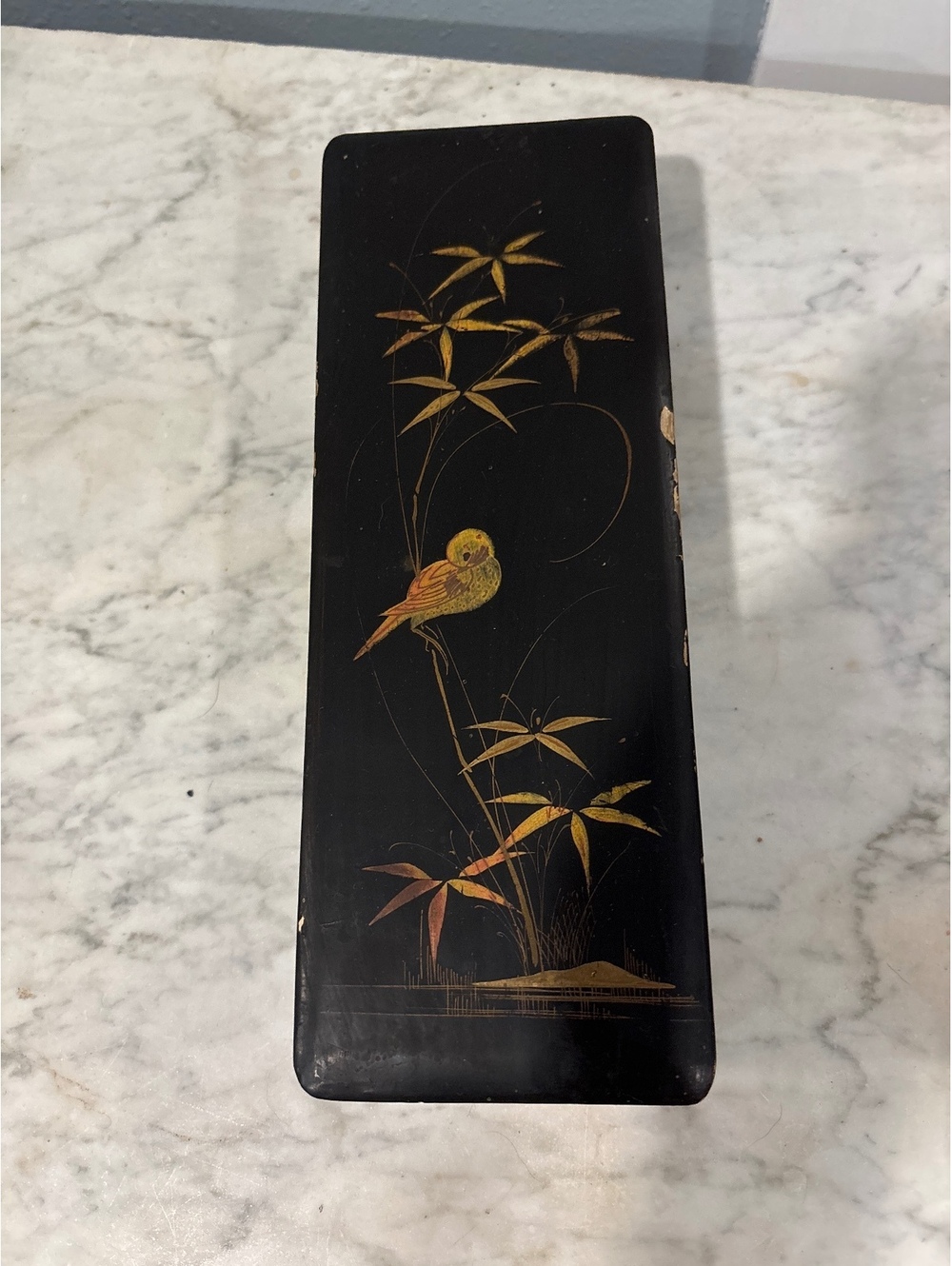Antique Japanese Black Lacquer Glove Box Gold Bird Bamboo Design